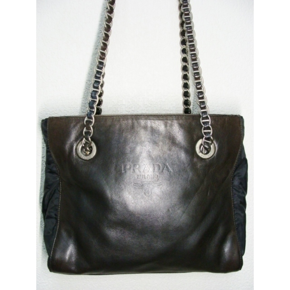 PRADA Leather Metal Chain Embossed Semi Shoulder Bag
